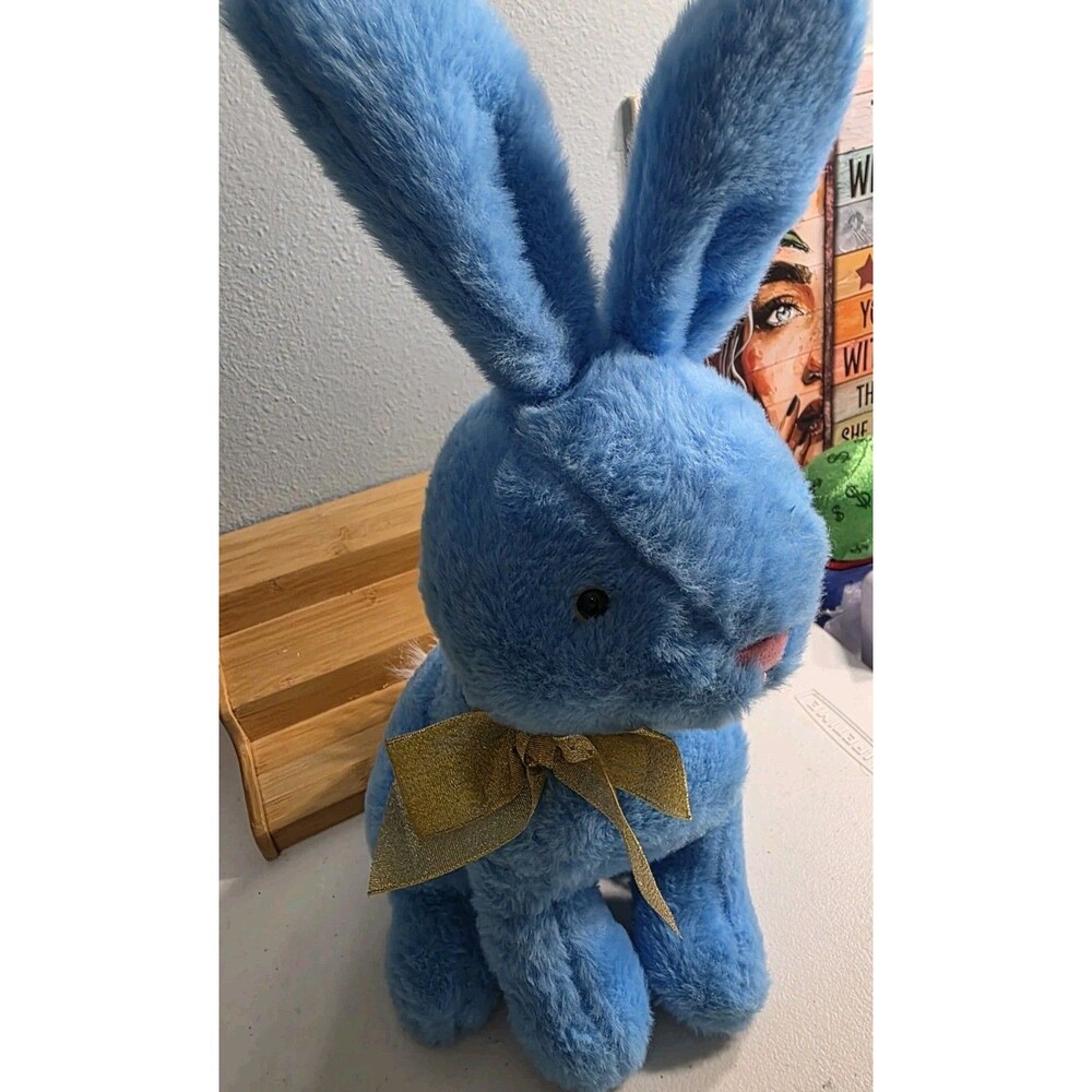 Animal Adventure Easter Blue Bunny Rabbit Plush Gold Bow 14"